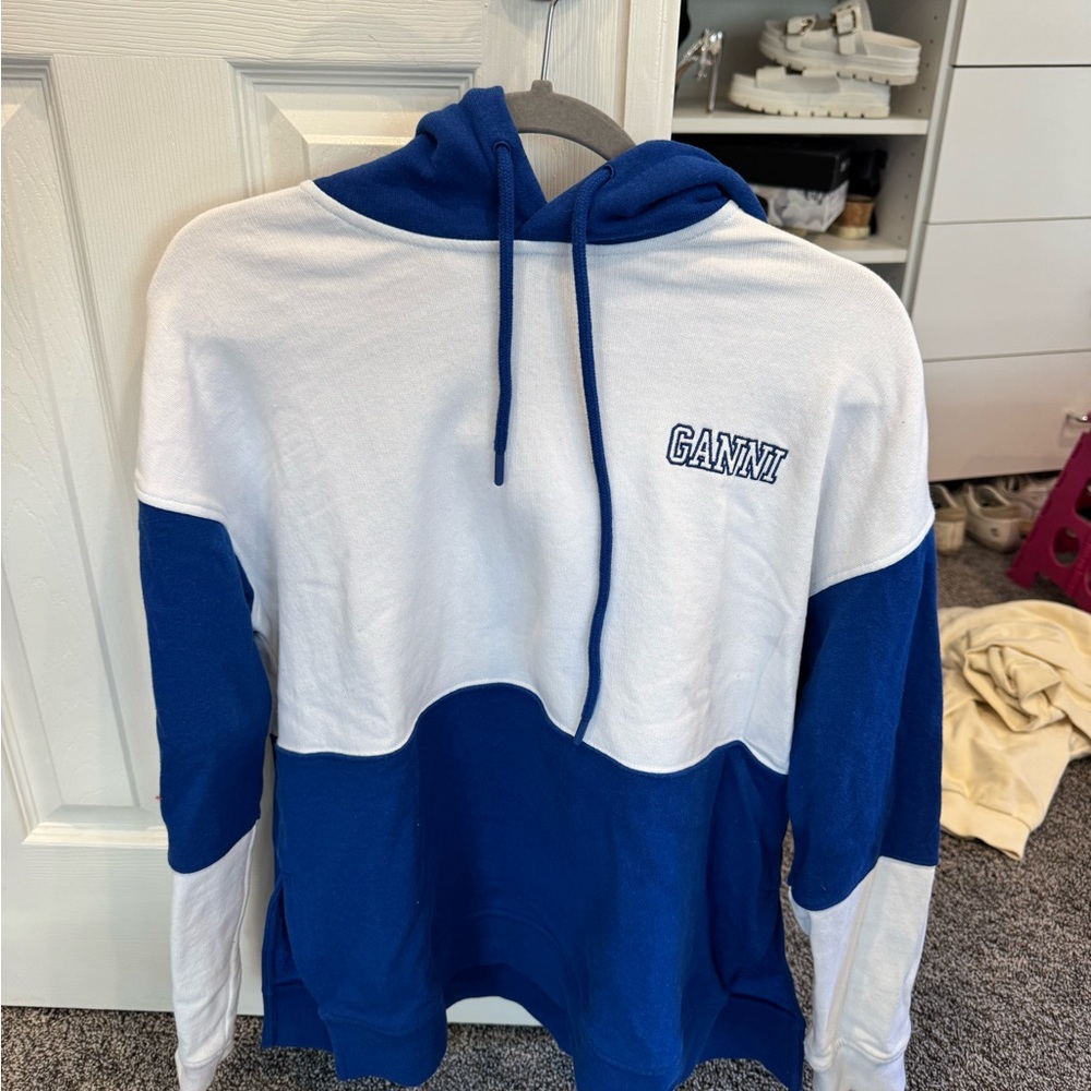 Ganni White and Royal Blue Colorblock Crewneck Hoodie